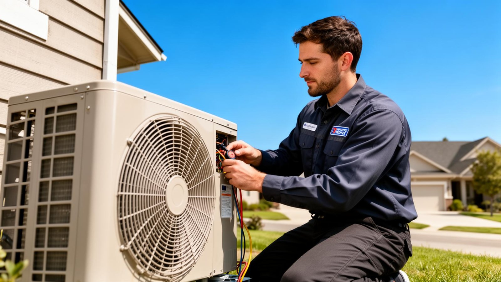 EconoAir HVAC technician servicing an outdoor AC condenser in Washington Township, NJ